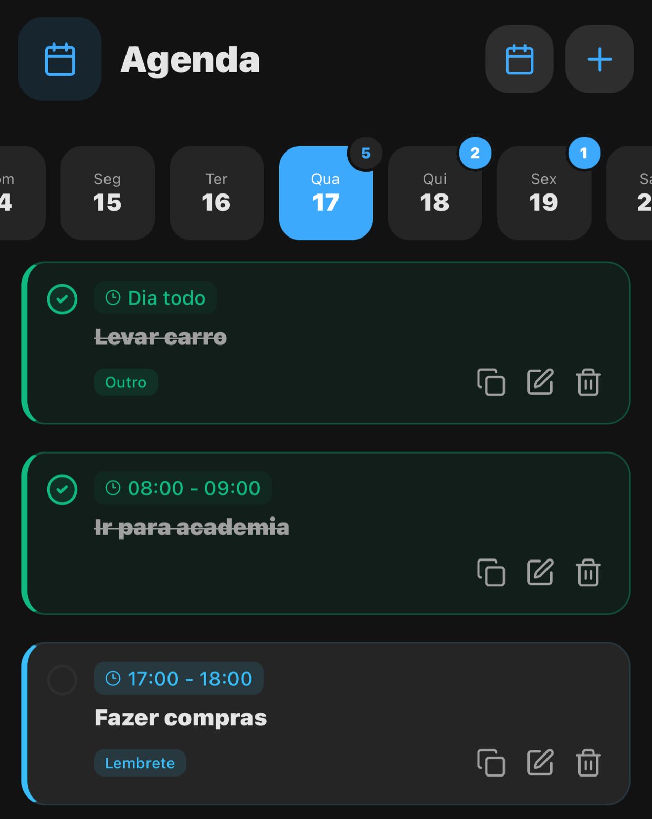 Tela de agenda do aplicativo Yesnutri