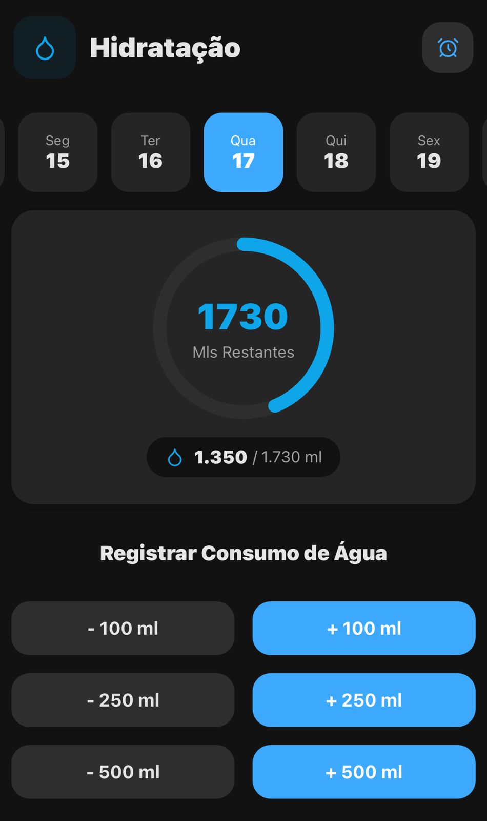 Tela de hidratação do aplicativo Yesnutri