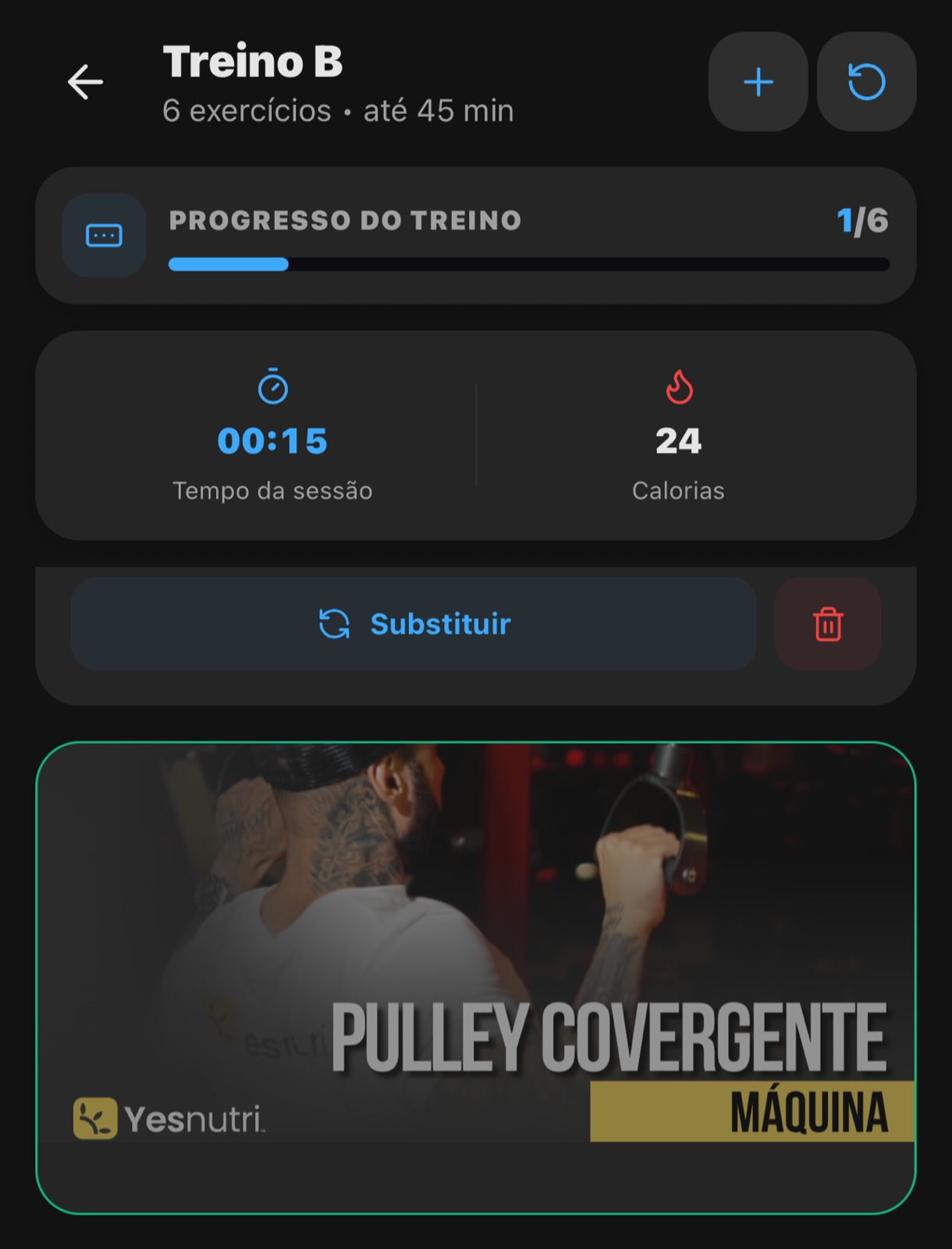 Tela de treino do aplicativo Yesnutri