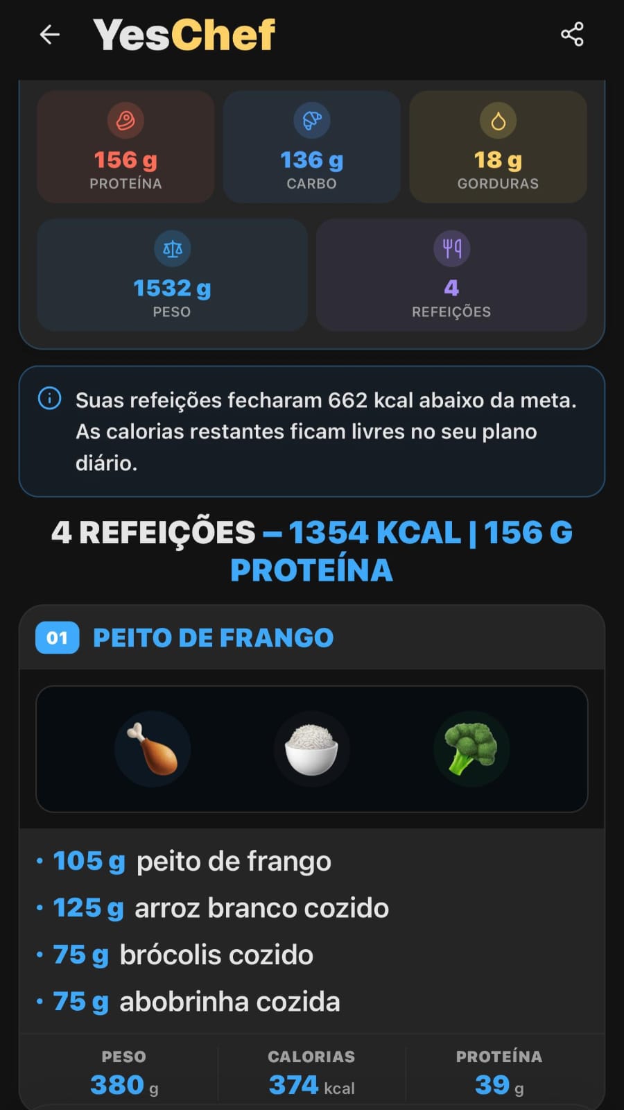 Tela do YesChef, o cardápio com IA do aplicativo Yesnutri